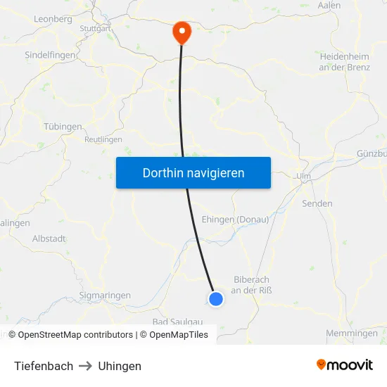 Tiefenbach to Uhingen map