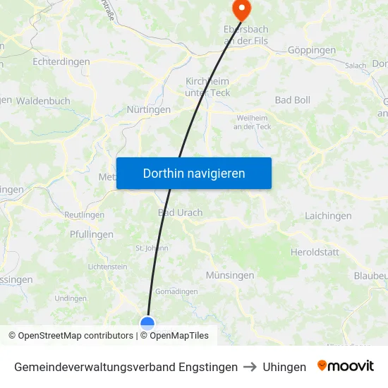 Gemeindeverwaltungsverband Engstingen to Uhingen map