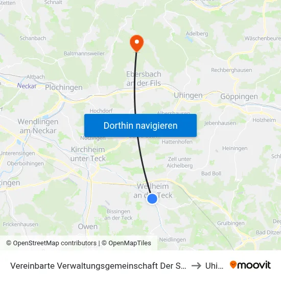 Vereinbarte Verwaltungsgemeinschaft Der Stadt Weilheim An Der Teck to Uhingen map