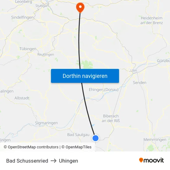 Bad Schussenried to Uhingen map