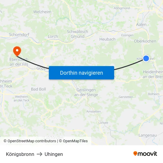 Königsbronn to Uhingen map