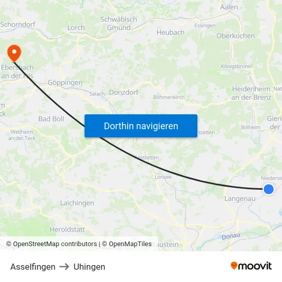 Asselfingen to Uhingen map