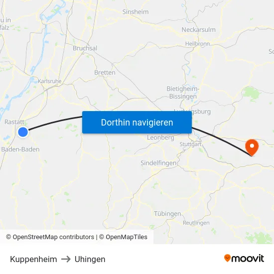 Kuppenheim to Uhingen map