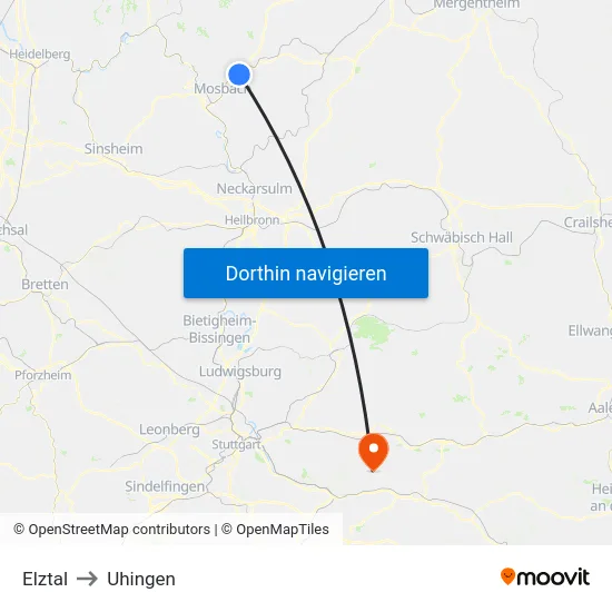 Elztal to Uhingen map
