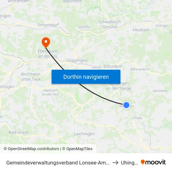 Gemeindeverwaltungsverband Lonsee-Amstetten to Uhingen map