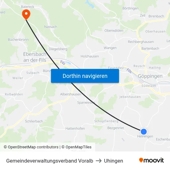 Gemeindeverwaltungsverband Voralb to Uhingen map
