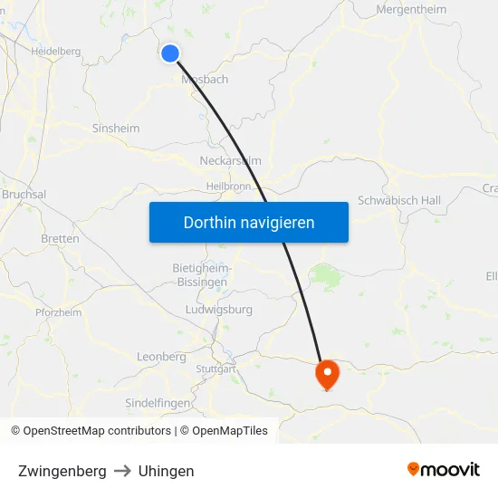 Zwingenberg to Uhingen map