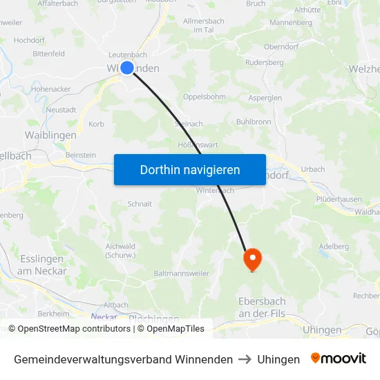 Gemeindeverwaltungsverband Winnenden to Uhingen map