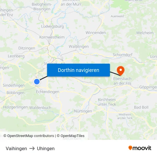 Vaihingen to Uhingen map