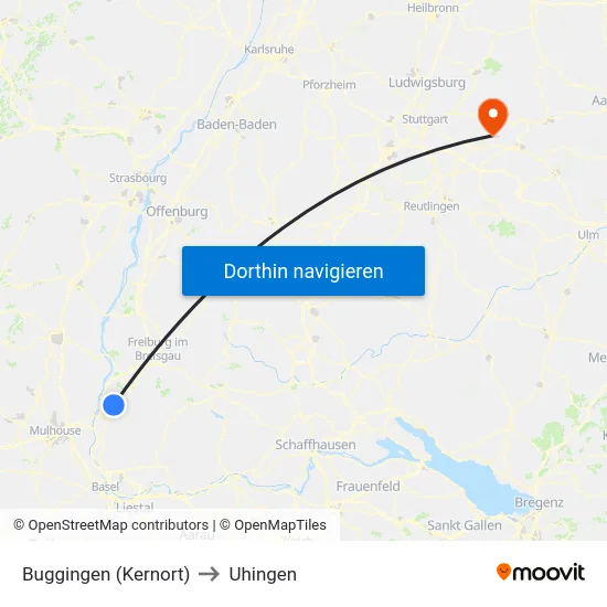 Buggingen (Kernort) to Uhingen map