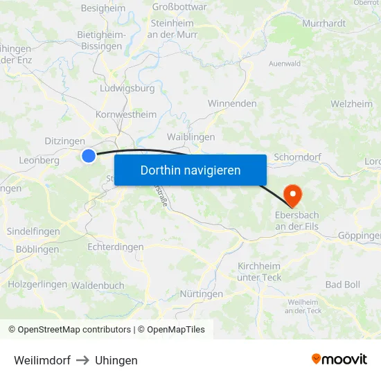 Weilimdorf to Uhingen map