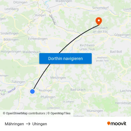 Mähringen to Uhingen map