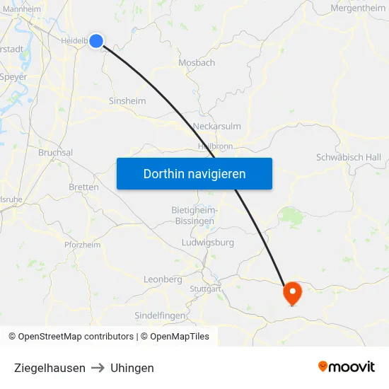 Ziegelhausen to Uhingen map