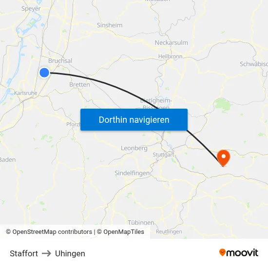 Staffort to Uhingen map