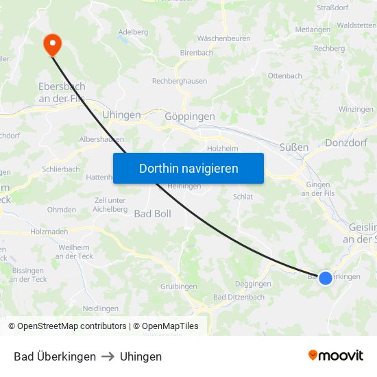 Bad Überkingen to Uhingen map