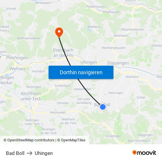Bad Boll to Uhingen map