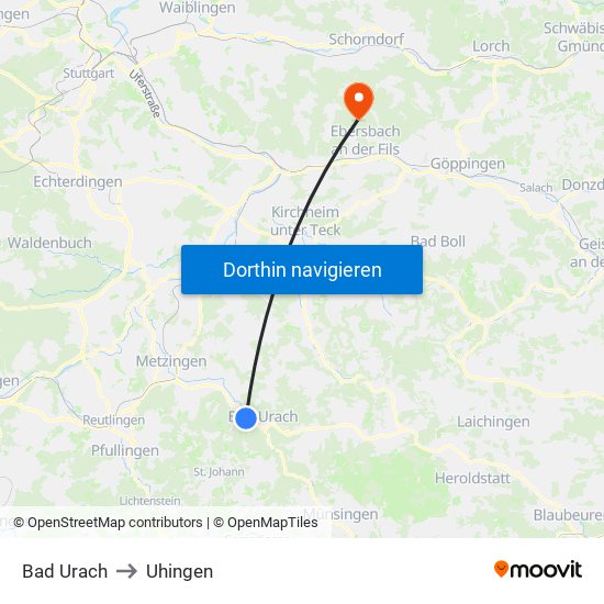 Bad Urach to Uhingen map