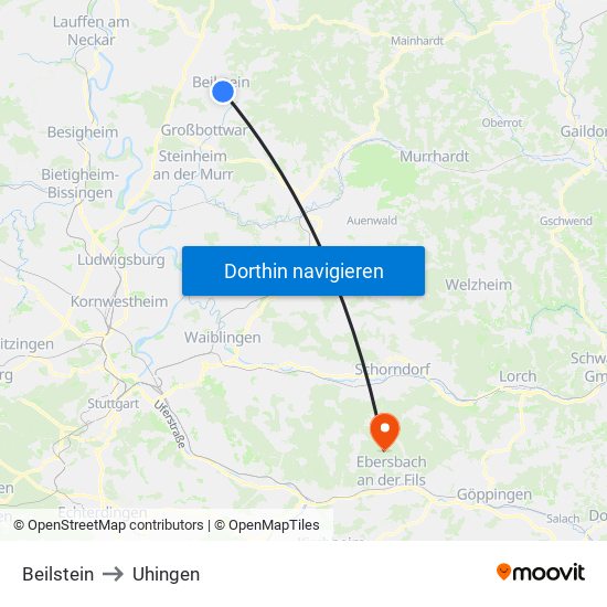 Beilstein to Uhingen map