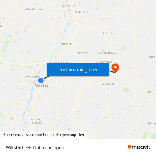 Willstätt to Unterensingen map