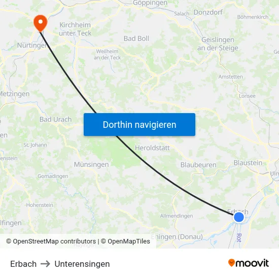 Erbach to Unterensingen map