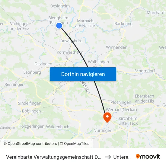 Vereinbarte Verwaltungsgemeinschaft Der Stadt Bietigheim-Bissingen to Unterensingen map