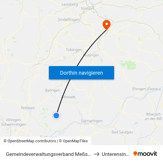 Gemeindeverwaltungsverband Meßstetten to Unterensingen map