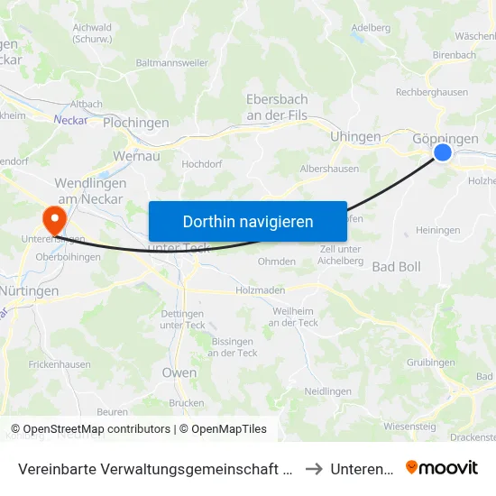 Vereinbarte Verwaltungsgemeinschaft Der Stadt Göppingen to Unterensingen map