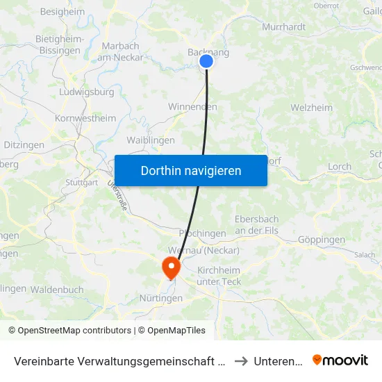 Vereinbarte Verwaltungsgemeinschaft Der Stadt Backnang to Unterensingen map