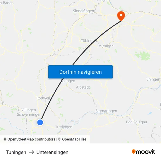 Tuningen to Unterensingen map