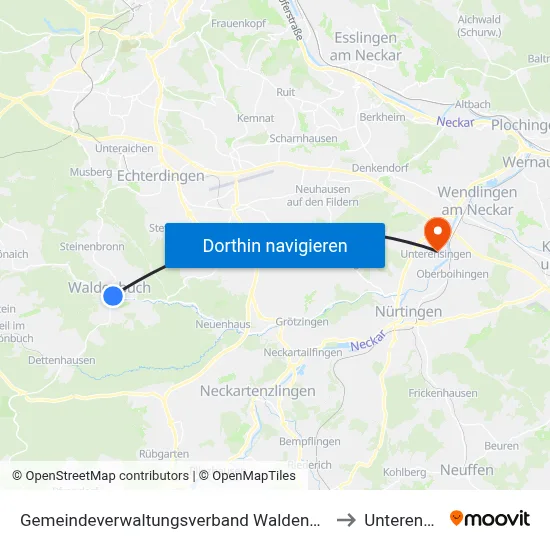Gemeindeverwaltungsverband Waldenbuch/Steinenbronn to Unterensingen map
