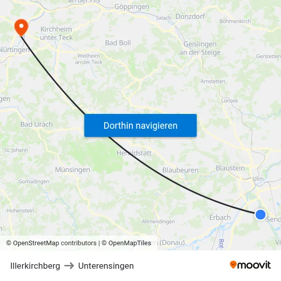Illerkirchberg to Unterensingen map