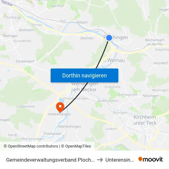 Gemeindeverwaltungsverband Plochingen to Unterensingen map