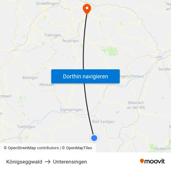 Königseggwald to Unterensingen map