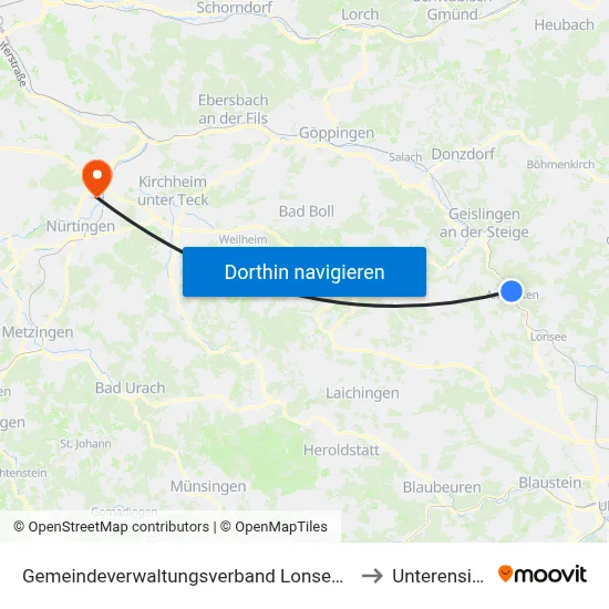 Gemeindeverwaltungsverband Lonsee-Amstetten to Unterensingen map