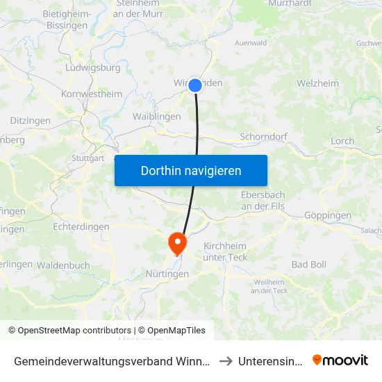 Gemeindeverwaltungsverband Winnenden to Unterensingen map