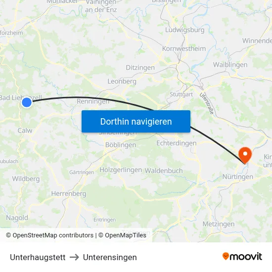 Unterhaugstett to Unterensingen map