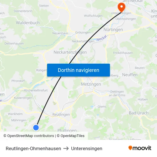 Reutlingen-Ohmenhausen to Unterensingen map
