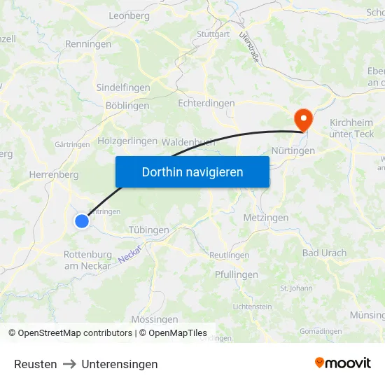 Reusten to Unterensingen map