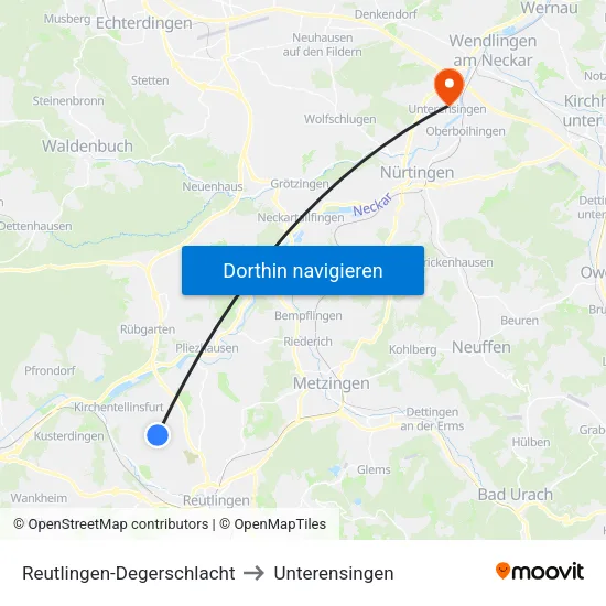Reutlingen-Degerschlacht to Unterensingen map