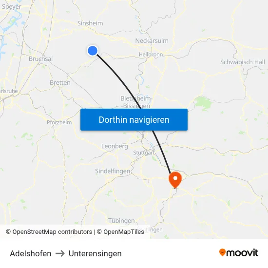 Adelshofen to Unterensingen map