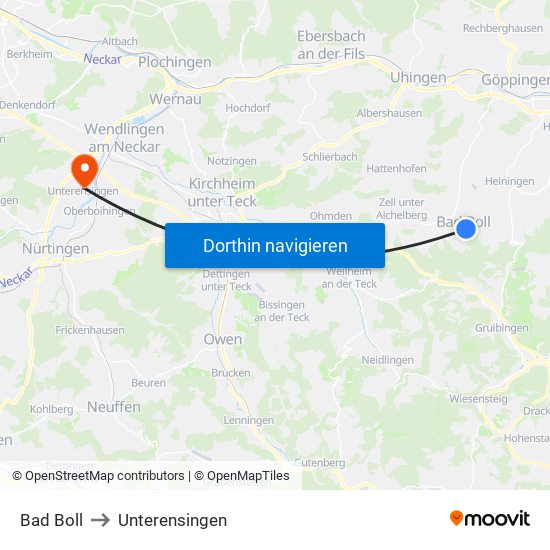 Bad Boll to Unterensingen map