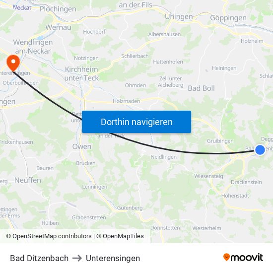 Bad Ditzenbach to Unterensingen map