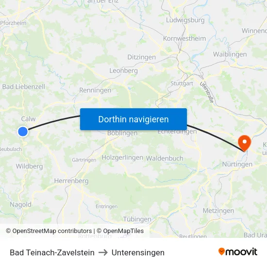 Bad Teinach-Zavelstein to Unterensingen map
