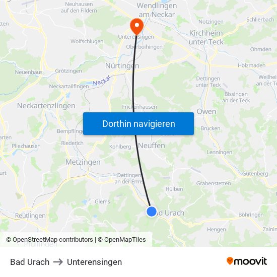 Bad Urach to Unterensingen map
