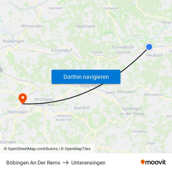 Böbingen An Der Rems to Unterensingen map