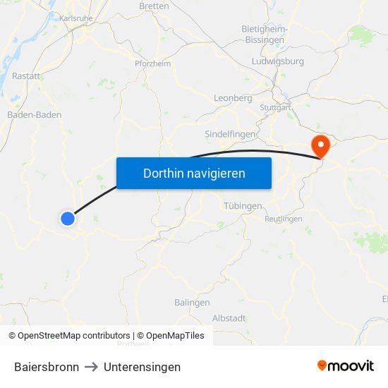 Baiersbronn to Unterensingen map
