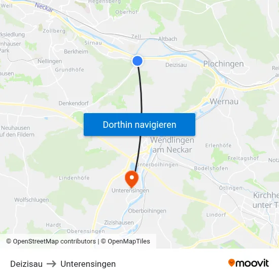 Deizisau to Unterensingen map