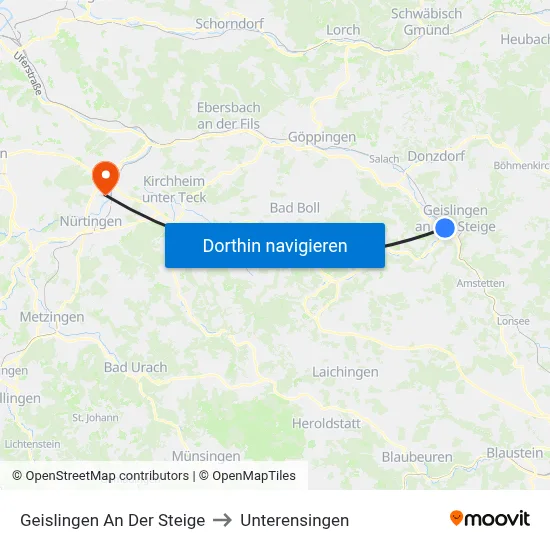 Geislingen An Der Steige to Unterensingen map