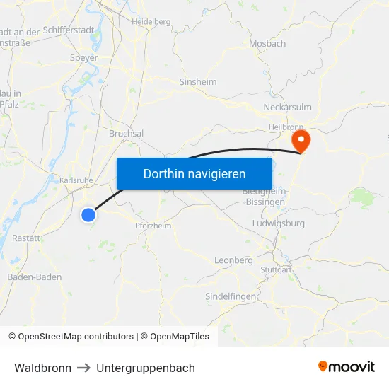 Waldbronn to Untergruppenbach map