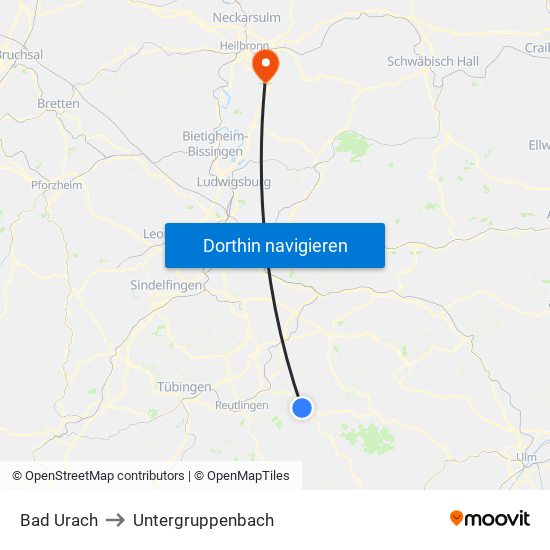 Bad Urach to Untergruppenbach map